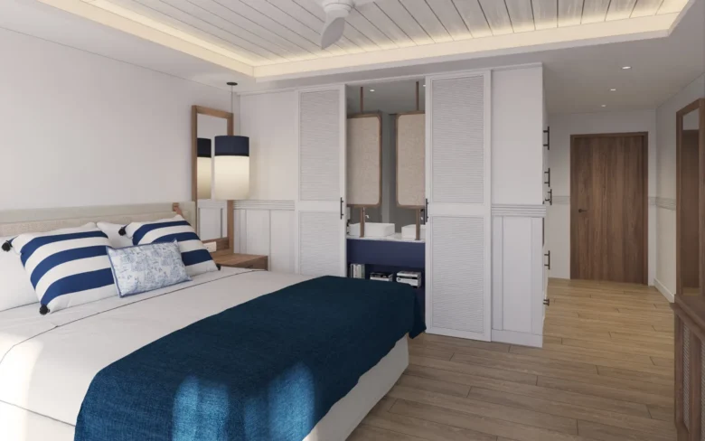 Deluxe Swim Out room interior with king bed and modern furnishings at Secrets St. Lucia Resort & Spa.