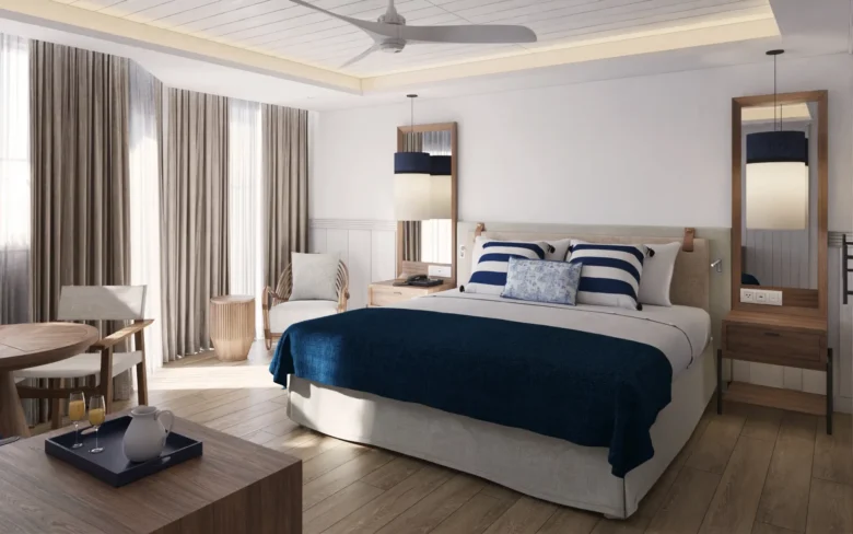 Preferred Club Master Swim Out suite bedroom with king bed and modern Caribbean décor at Secrets St. Lucia Resort & Spa.