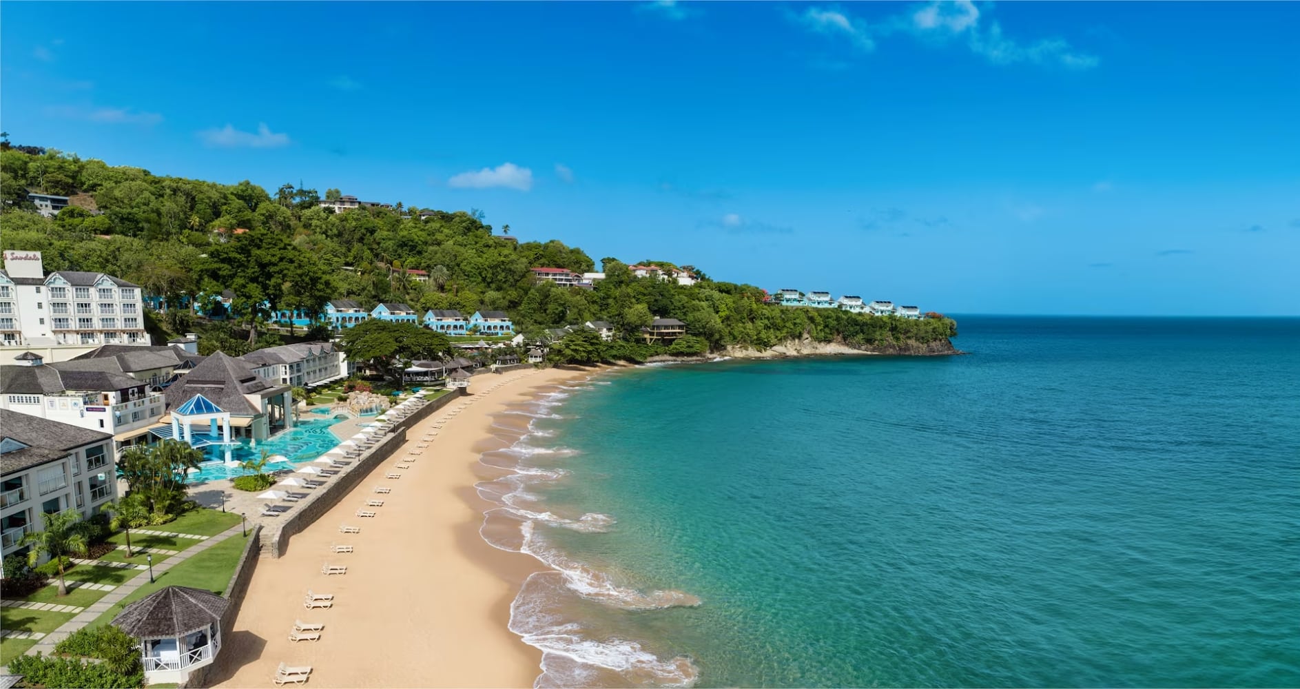 Sandals Regency La Toc couples-only all-inclusive resort in St. Lucia with hillside suites, nine-hole golf course, and Caribbean beach views.